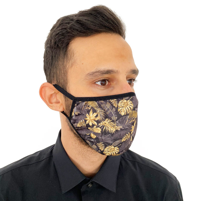 Gold and Black Leafs Print Face Mask